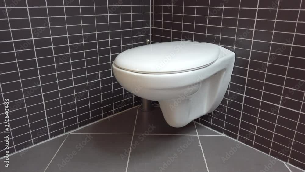 Toilet bowl, lavatory in modern bathroom with black and grey tiles, 4k UHD, crane shot Toilet bowl, lavatory in modern bathroom with black and grey tiles, 4k UHD, crane shot