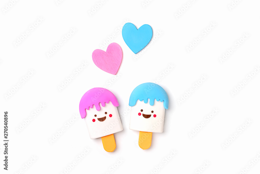 two kawaii ice cream toy and hearts on white background. cute cartoon character, symbol of childhood, summer, vacation. top view, copy space two kawaii ice cream toy and hearts on white background. cute cartoon character, symbol of childhood, summer, vacation. top view, copy space
