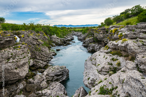 Montenegro, Beautiful unspoiled green nature landscape of river cijevna flowing through rocky canyon near podgorica at niagara falls