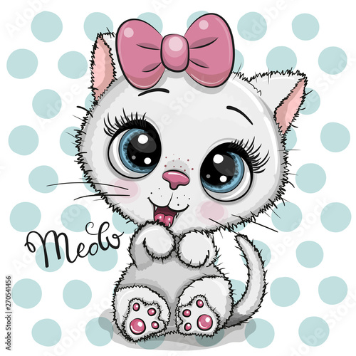 Cartoon white Kitten with a pink bow on a dots background