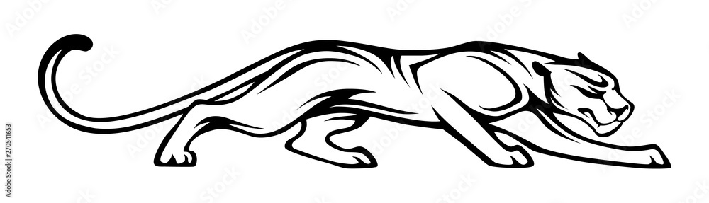 Obraz premium Stylized silhouette of panther. Vector animal illustration, black isolated on white background. Graphic image for tattoo, logo or mascot. Symbol of power and freedom