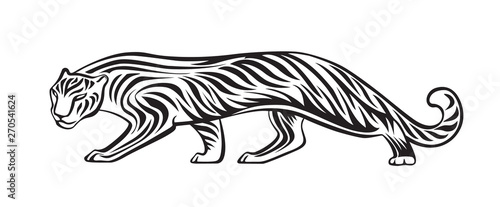 Stylized silhouette of tiger. Vector animal illustration, black isolated on white background. Graphic image for tattoo, logo or mascot. Symbol of power and freedom