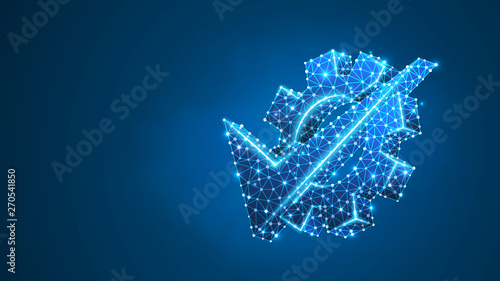 Gear, check mark. Industry, business solution, technology approved, machine choice concept. Abstract, digital, wireframe, low poly mesh, vector blue neon 3d illustration. Triangle, line, dot, star