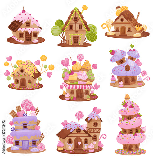 Set of different gingerbread houses. Vector illustration on white background.
