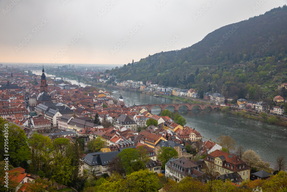 Aerial view of the Heidelberg old town with the old bridge across the Neckar river