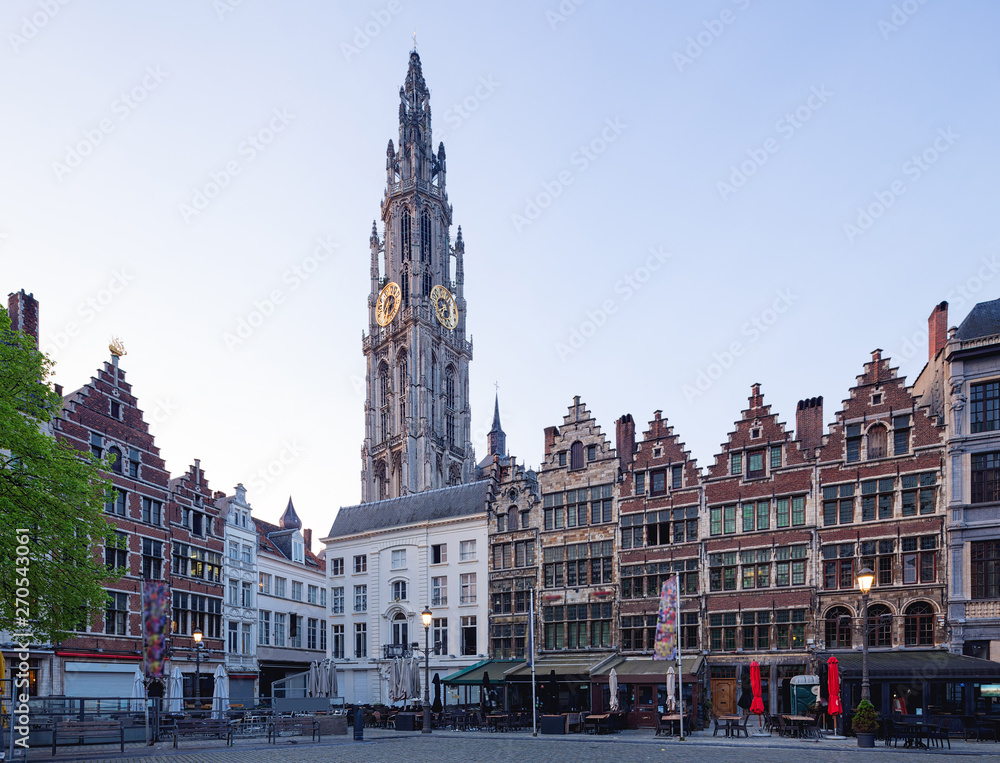 Market square and Cathedral of Our Lady square in Antwerpen, Belgium. 
