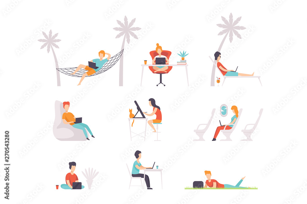 Flat vector set of people with laptops. Men and women working at different places home, outdoor, office and vacation. Freelance work Flat vector set of people with laptops. Men and women working at different places home, outdoor, office and vacation. Freelance work