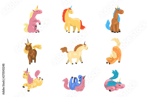 Flat vector set of adorable unicorns in different actions. Mythical animal with single horn. Elements for postcard  children book or game