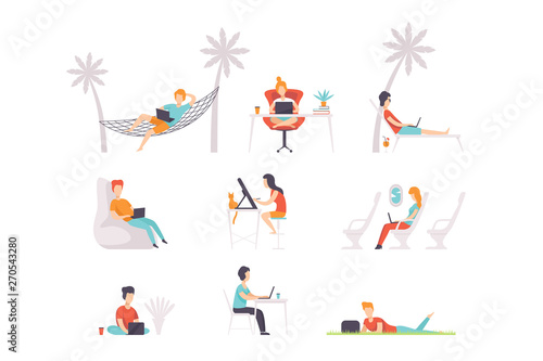 Flat vector set of people with laptops. Men and women working at different places home  outdoor  office and vacation. Freelance work