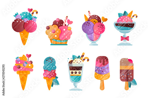 Flat vector set of ice-cream with gradients and texture. Tasty frozen desserts decorated with sprinkles, berries, leaves and candy canes.
