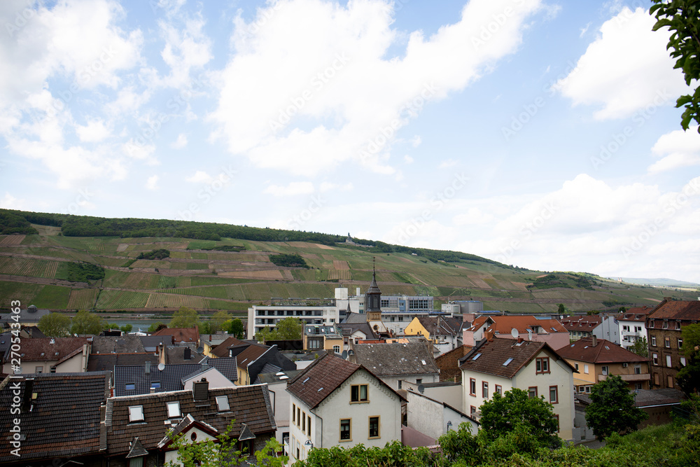 blick auf die landschaft in Bingen am Rhein Deutschland fotografiert während eines Stadtbummels an einem sonnigen Tag