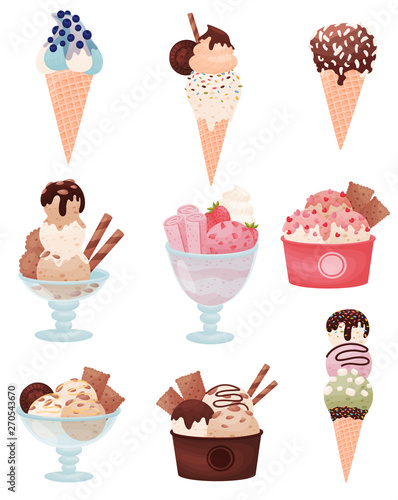 Set of various images of ice cream in a waffle cup and cup. Vector illustration on white background.