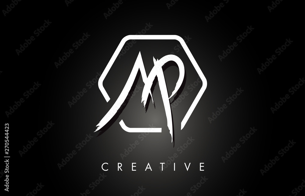 AP A P Brushed Letter Logo Design with Creative Brush Lettering Texture and Hexagonal Shape AP A P Brushed Letter Logo Design with Creative Brush Lettering Texture and Hexagonal Shape
