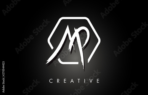 AP A P Brushed Letter Logo Design with Creative Brush Lettering Texture and Hexagonal Shape