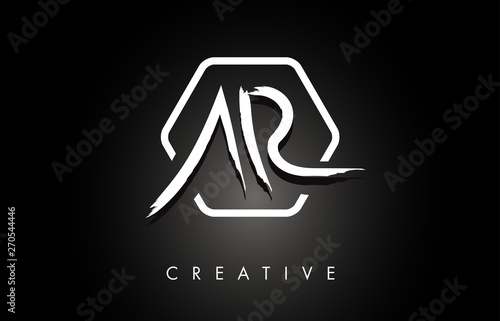 AR A R Brushed Letter Logo Design with Creative Brush Lettering Texture and Hexagonal Shape