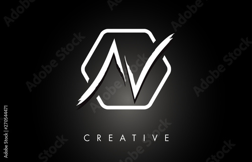 AV A V Brushed Letter Logo Design with Creative Brush Lettering Texture and Hexagonal Shape