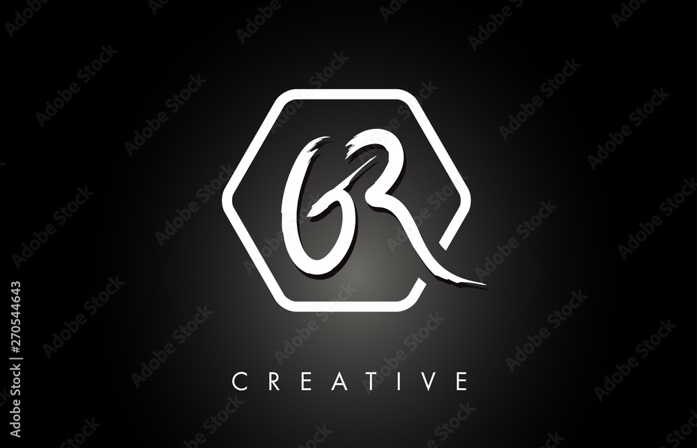 GR G R Brushed Letter Logo Design with Creative Brush Lettering Texture and Hexagonal Shape - obrazy, fototapety, plakaty 