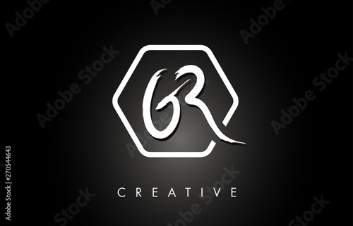 GR G R Brushed Letter Logo Design with Creative Brush Lettering Texture and Hexagonal Shape
