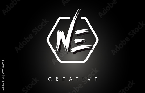 NE N E Brushed Letter Logo Design with Creative Brush Lettering Texture and Hexagonal Shape