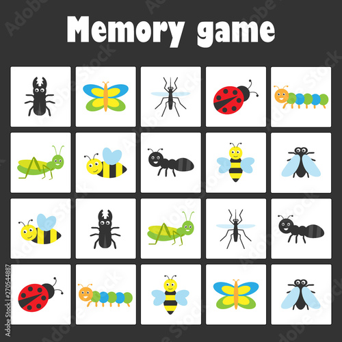 Memory game with pictures -insect theme for children, xmas fun education game for kids, preschool activity, task for the development of logical thinking, vector illustration