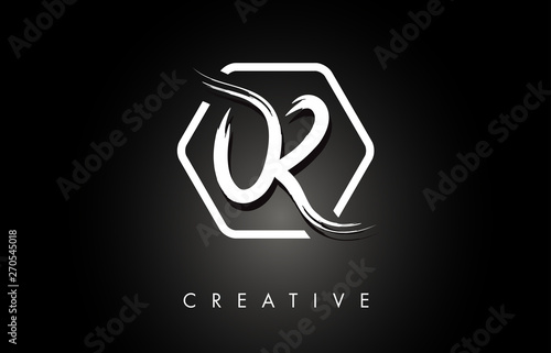 OR O R Brushed Letter Logo Design with Creative Brush Lettering Texture and Hexagonal Shape