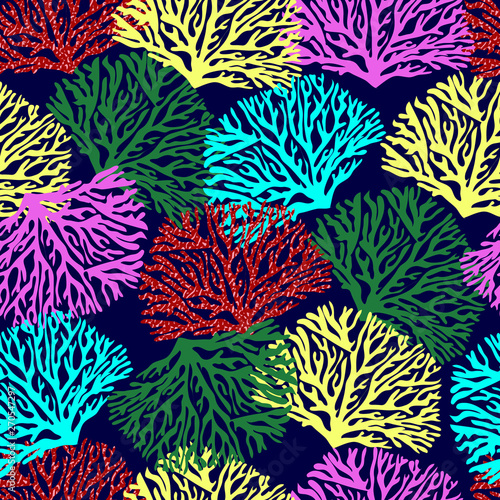Beautiful hand drawn botanical vector illustration with tropical corals. Seamless pattern.