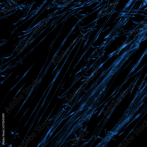  Transparent blue plastic wrap on the black background. Plastic shopping bag texture. Reusable trash and waste.