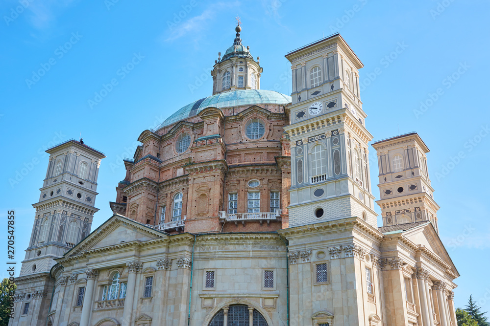 Vicoforte church in a sunny summer day in Piedmont, blue sky in Italy