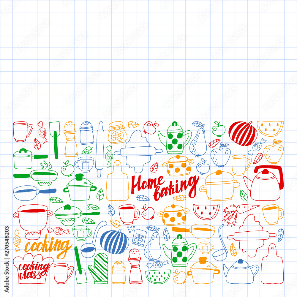 Vector set of children's kitchen and cooking drawings icons in doodle style. Painted, colorful, pictures on a sheet of checkered paper on a white background. Vector set of children's kitchen and cooking drawings icons in doodle style. Painted, colorful, pictures on a sheet of checkered paper on a white background.