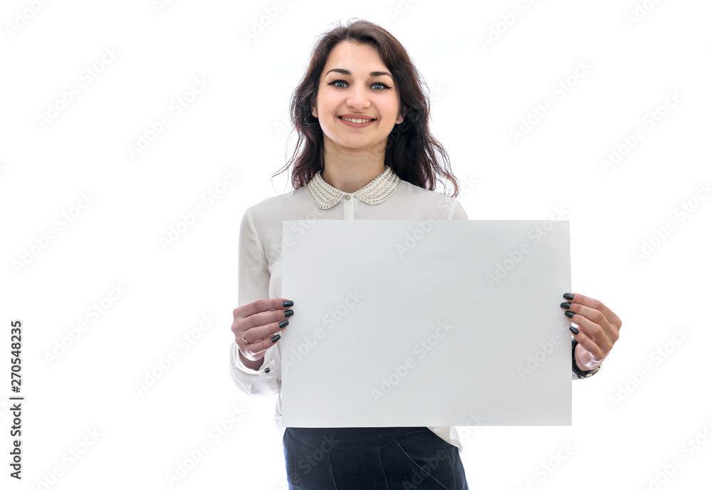 Woman with sheet of paper isolated on white Woman with sheet of paper isolated on white