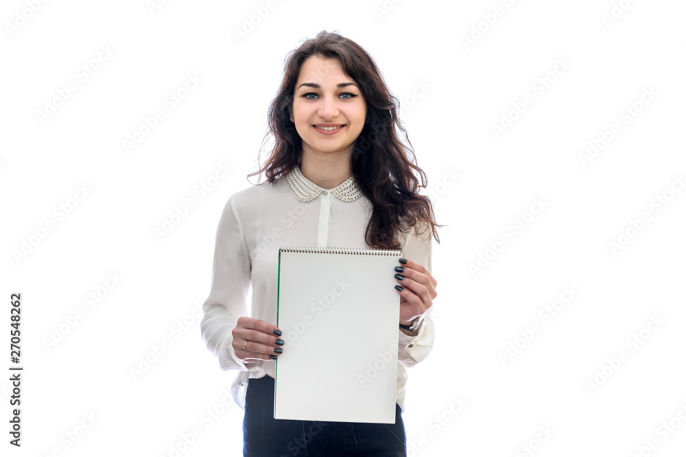 Woman with empty sheet of paper isolated on white Woman with empty sheet of paper isolated on white