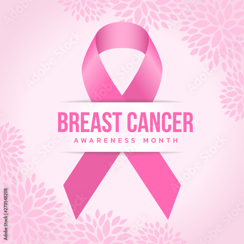 Breast cancer Awareness month text and pink ribbon sign on abstract pink flower background vector design