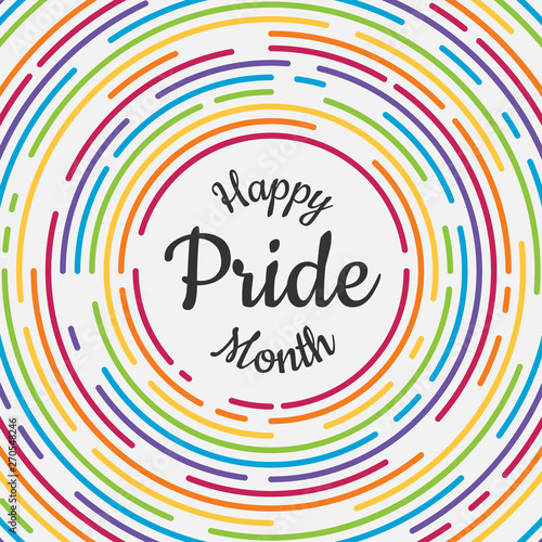Happy Pride month banner with typography text in abstract colorful rainbow line dash circle texture background vector design