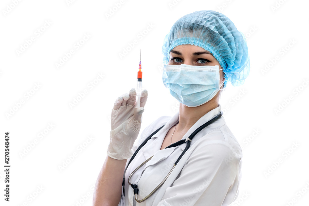 Doctor in mask with syringe isolated on white Doctor in mask with syringe isolated on white