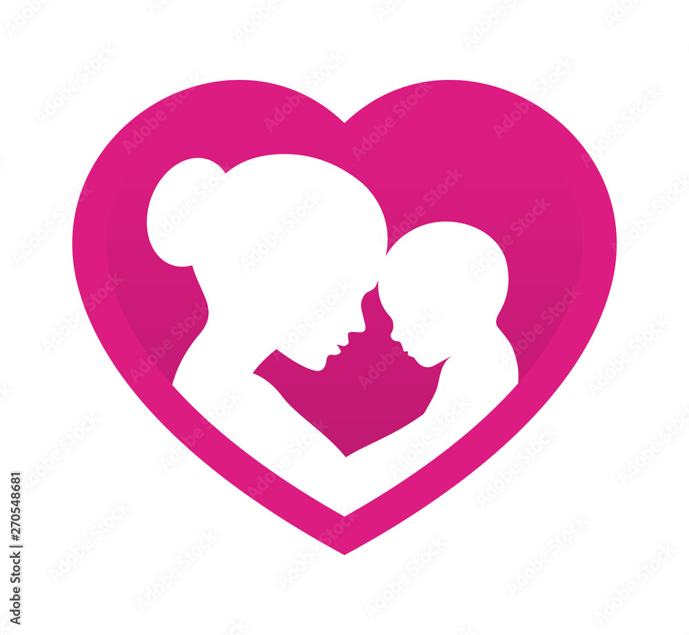 Vector symbol mothers day. Heart with white silhouette mom and baby. Isolated on white backgroundd Vector symbol mothers day. Heart with white silhouette mom and baby. Isolated on white backgroundd