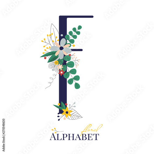 Spring and summer alphabet decorated with bouquets of flowers. Floral letter F. Hand drawn isolated vector illustration