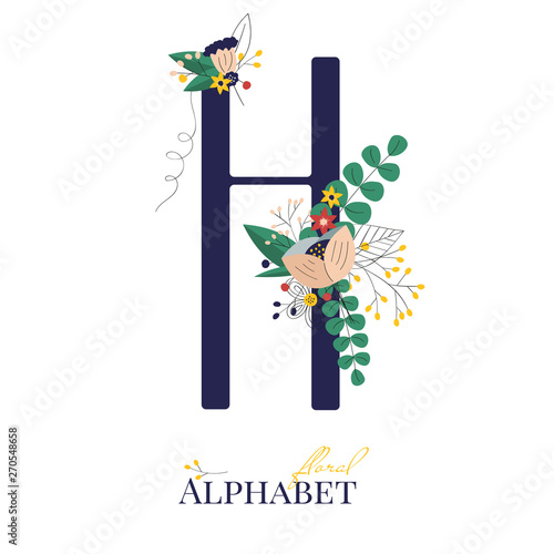 Spring and summer alphabet decorated with bouquets of flowers. Floral letter H. Hand drawn isolated vector illustration