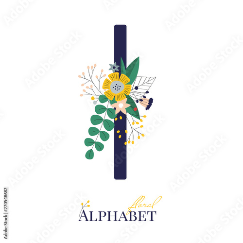 Spring and summer alphabet decorated with bouquets of flowers. Floral letter I. Hand drawn isolated vector illustration