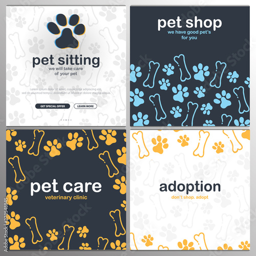 Pet shop, Care, Pet sitting. Adoption. Home animals. Banner with cat or dog paws. Hand draw doodle background.