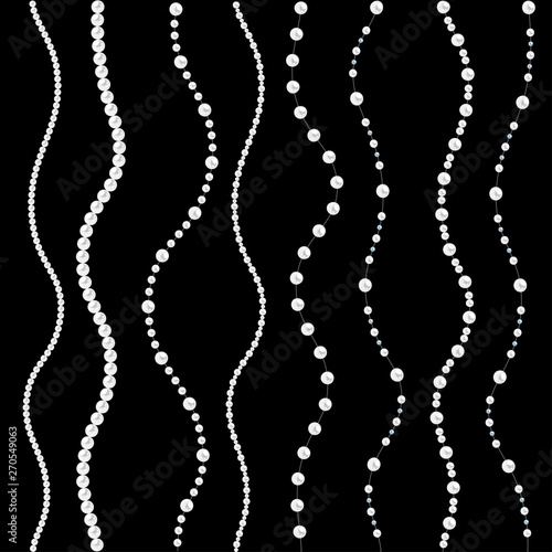 Seamless pattern of pearl strings on black background. Vector illustration.