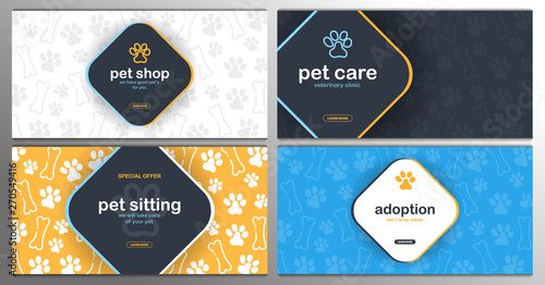 Pet shop, Care, Pet sitting. Adoption. Home animals. Banner with cat or dog paws. Hand draw doodle background.