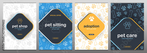 Pet shop, Care, Pet sitting. Adoption. Home animals. Banner with cat or dog paws. Hand draw doodle background.