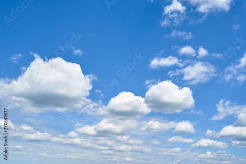 Beautiful blue sky with white clouds, copy space. Blue and white pastel heaven background