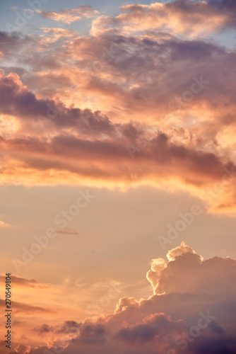 Beautiful sunset in evening time, copy space. Bright pink and yellow colors sky background. Evening twilight sky