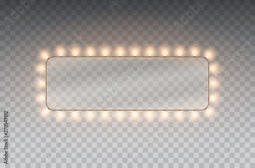 Light rectangle banner isolated on transparent background. Vector Hollywood bulbs frame or Las Vegas casino night sign.
