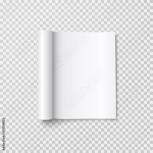 Magazine with rolled white paper pages isolated on transparent background. Vector open blank book, catalog or brochure with folded sheets mockup.