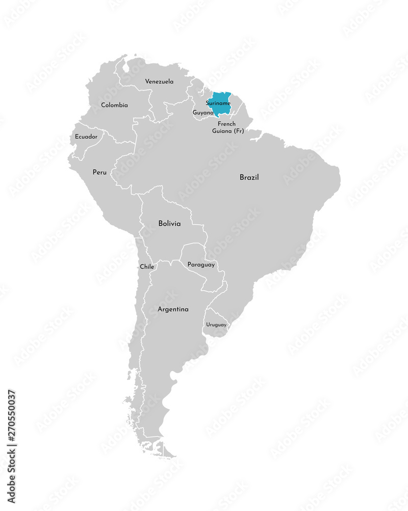 South America Border Map Vector Illustration With Simplified Map Of South America Continent With  Blue Contour Of Suriname. Grey Silhouettes, White Outline Of States' Border  Stock Vector | Adobe Stock