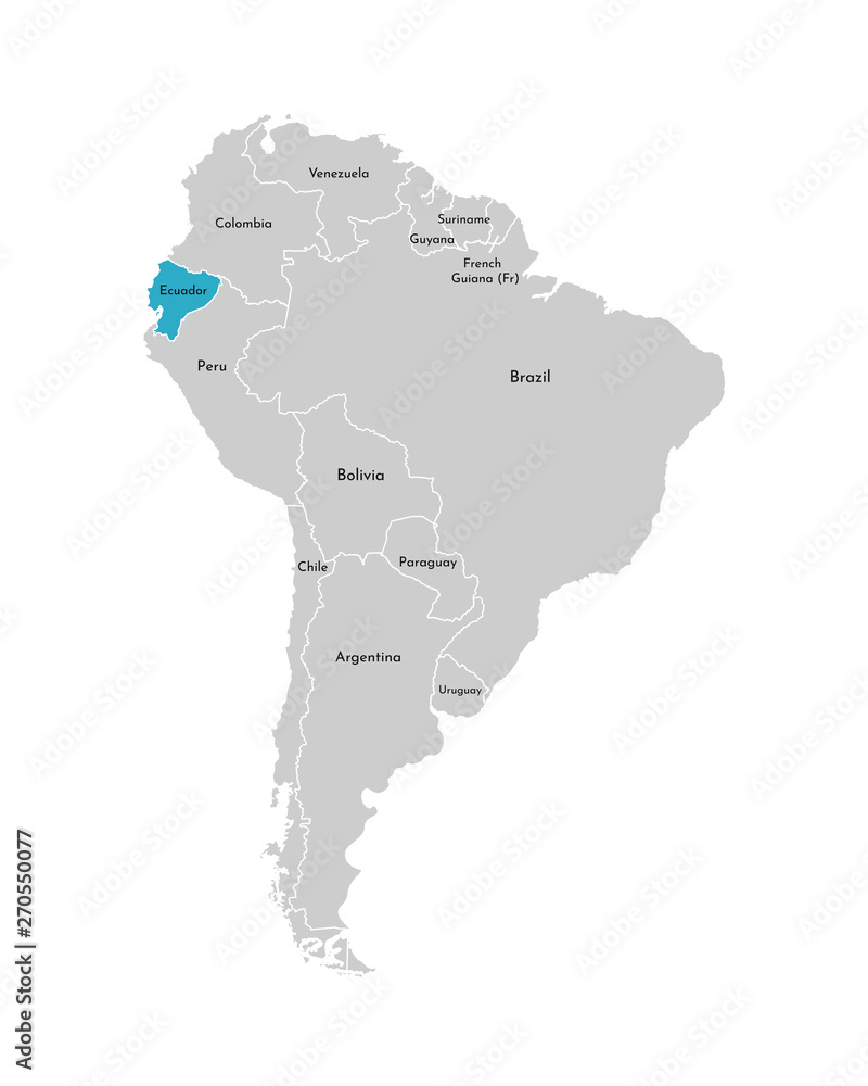 Vector illustration with simplified map of South America continent with blue contour of Ecuador. Grey silhouettes, white outline of states' border