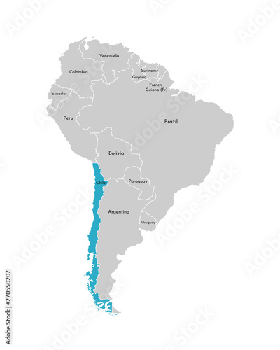 Vector illustration with simplified map of South America continent with blue contour of Chile. Grey silhouettes, white outline of states' border