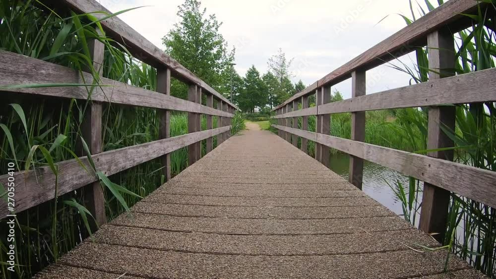 Passage through a wooden bridge across a pond in the park. Hyperlapse. Passage through a wooden bridge across a pond in the park. Hyperlapse.